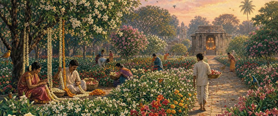 People gather flowers and string jasmine and marigold garlands in a temple garden in the morning, with a lamp-lit temple doorway in the distance.