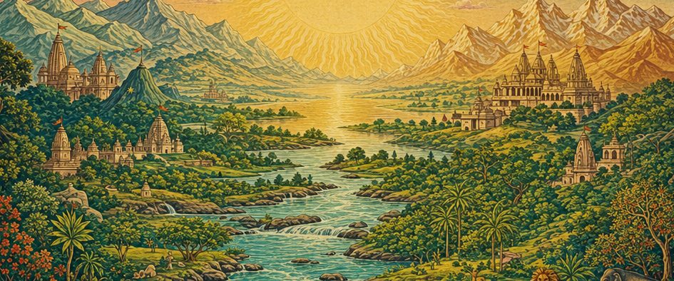 A luminous sun over Himalayan peaks, with a river winding through forested valleys and temple towers.