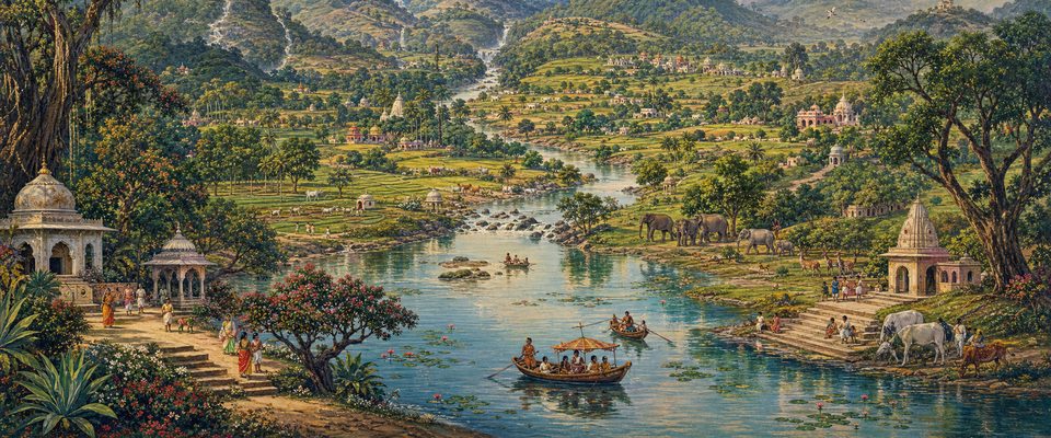 A broad river winds through a fertile valley of fields, villages and small temples, with elephants and deer at the forest edge, people and cattle on stone steps at the water, and small boats on the river.