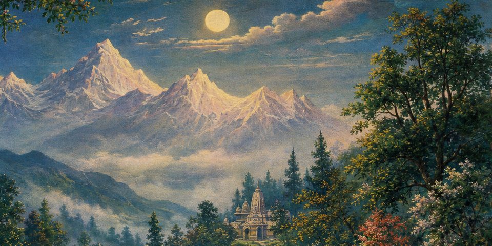A full moon over snow-lit mountain peaks, with mist drifting through a forested valley below and a small temple among dark pines.