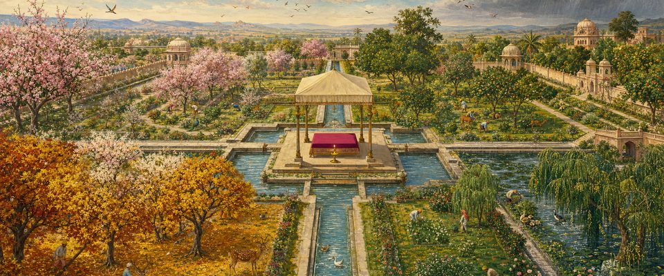 A vast walled garden seen from above, laid out in four quarters in four seasons, with blossom, green growth, monsoon rain and autumn leaves; water channels run from a central canopied pavilion holding an empty raised seat with a small lamp before it, while gardeners, deer and birds move through the grounds.