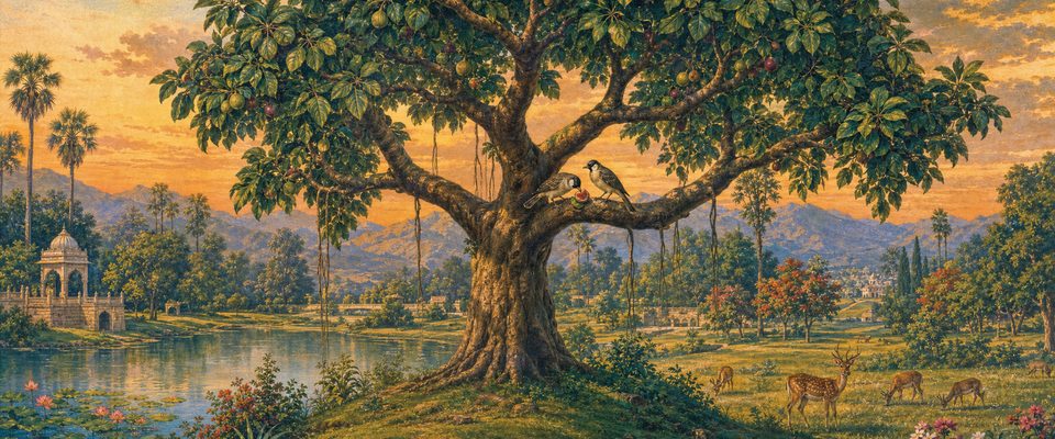Two alike birds sit together on a branch of a great fig tree on a grassy rise at sunset: one eats a ripe fig while the other watches; deer graze in the meadow and a lotus lake lies below distant hills.