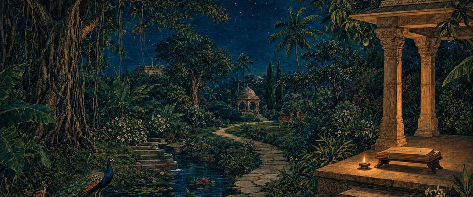 A garden at night under a starry sky, with banyan roots, a stepped stream, a stone path and a peacock; to one side, in an open pavilion, a single small oil lamp lights a palm-leaf manuscript on a low stand.