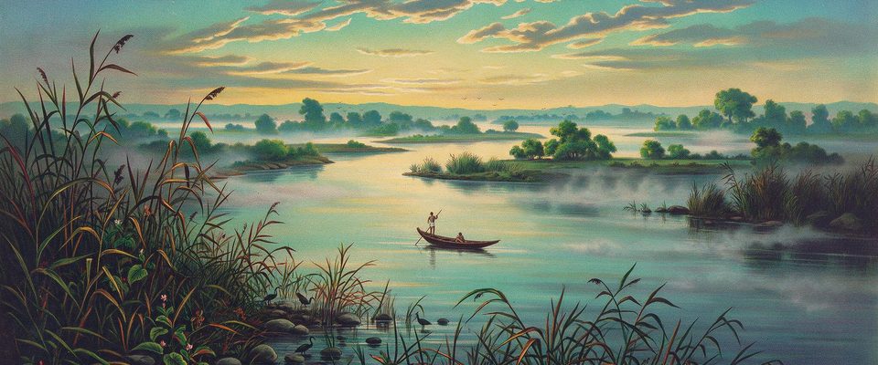 A wide, misty river at dawn among low green islands and reeds, with a small boat far out on the water, poled by one boatman and carrying one passenger.