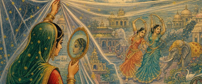 A woman lifts a starry veil with one hand and studies her reflection in a hand mirror, while behind the veil dancers, an elephant and a seated king appear among palaces.