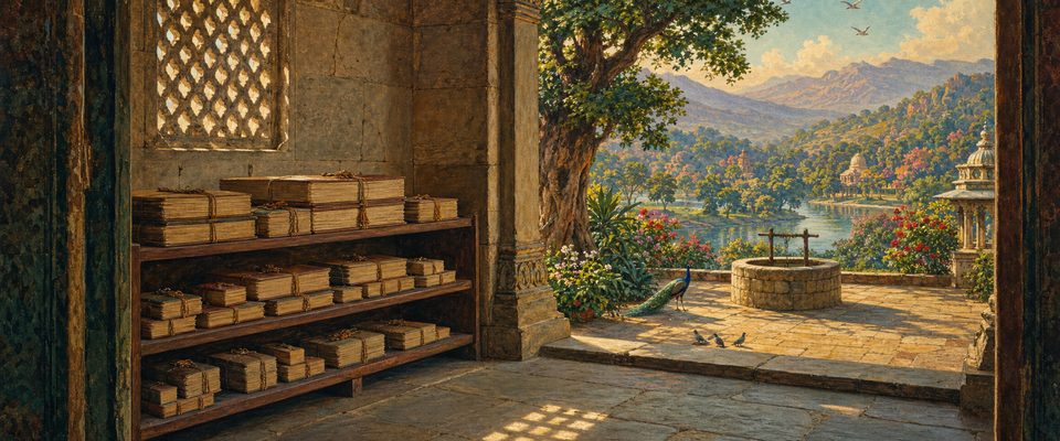 Tied palm-leaf manuscripts rest on wooden shelves in a stone room lit through a carved lattice, beside an open doorway onto a sunlit courtyard with a stone well, a peacock, a lake and distant hills.