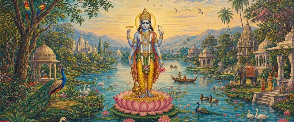 Viṣṇu, four-armed and crowned, stands on a great pink lotus in a lake at golden dusk, while worshippers gather on temple steps nearby with an elephant, and swans and small boats move across the water.