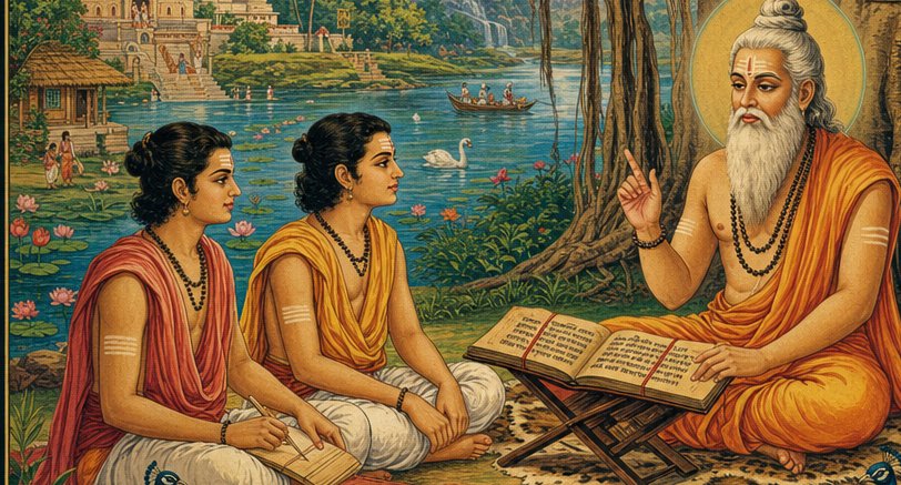 A teacher seated beneath a banyan tree instructs two students over an open manuscript, with a lake and a temple beyond.
