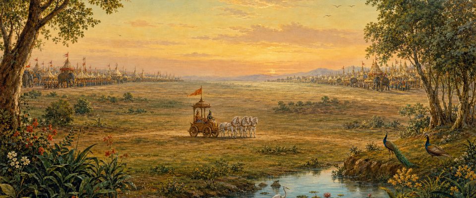 At dawn on a wide plain, two armies wait far off on either side beneath banners, while between them a small chariot drawn by four white horses stands with Kṛṣṇa as charioteer and Arjuna seated behind him; a heron wades in a lily pond in the foreground.
