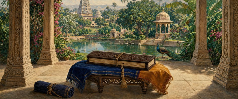 A long palm-leaf manuscript tied between carved wooden boards rests on indigo and saffron cloths on a low stool in a pillared pavilion, which opens onto a garden pond with a peacock, swans, a domed pavilion and a distant temple tower.