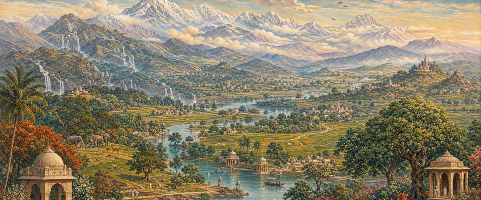 A wide view from above over a living landscape: snow mountains and waterfalls feed a river that winds through forests, fields, villages and small temples, with elephants at the forest edge and domed pavilions on the banks.