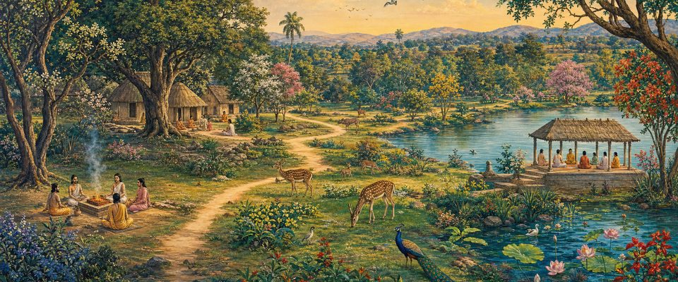 A winding footpath crosses a peaceful landscape at golden hour, past a small group seated at a fire altar, thatched huts under great trees, grazing deer, a peacock and a lakeside pavilion.