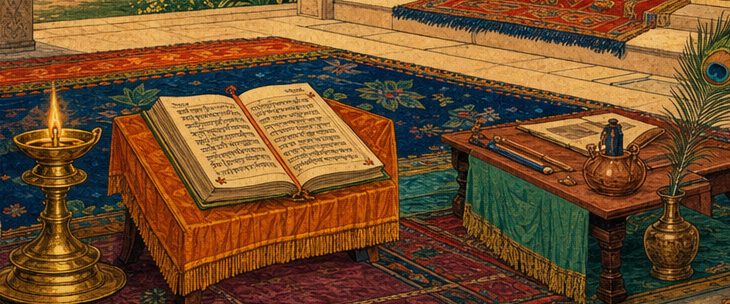 An open manuscript on a low fringed desk beside a lit brass lamp, with a writing table holding pens, an inkpot and a vase.
