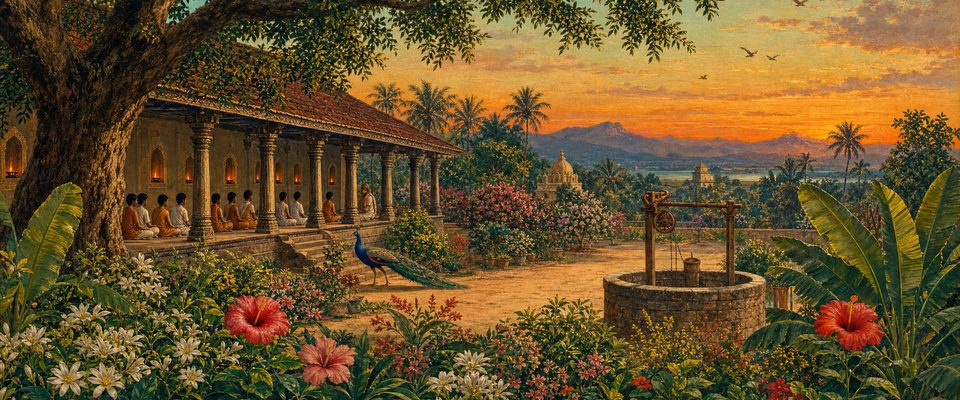 At dusk, beneath the spreading canopy of a great tree, a row of students sits along a pillared veranda lit by small oil lamps, listening to their teacher at the far end; a stone well, a peacock and a flowering garden fill the courtyard, with hills under an orange sky beyond.