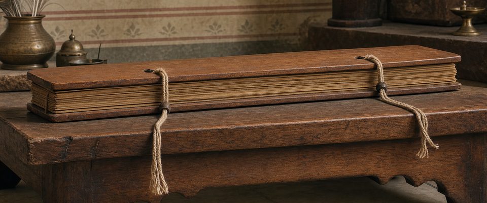 Contemporary illustration of a traditional palm-leaf pothī manuscript: a stack of long, narrow leaves between wooden covers, bound by two cords that hang toward the viewer, resting on a low wooden bench.