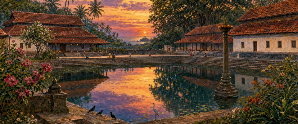 A stepped temple tank at dusk, surrounded by long buildings with steep tiled roofs, a stone lamp pillar with lit flames, palms and a glimpse of the sea.