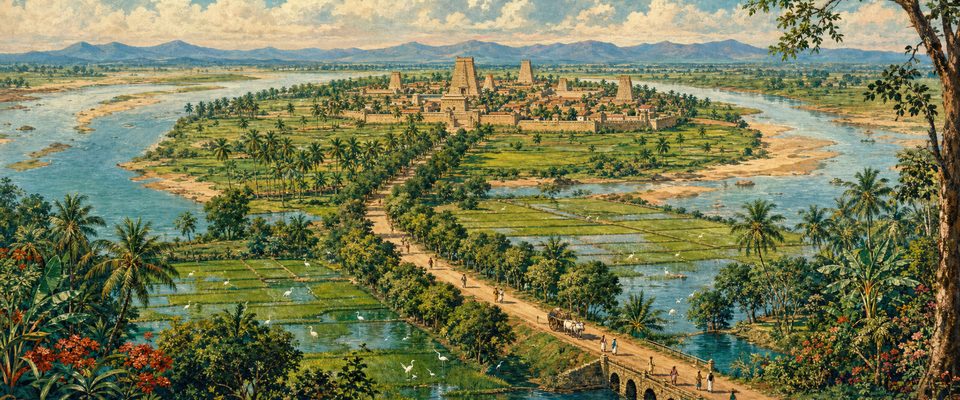 A walled temple town with tall stone gateway towers on a green river island, reached by a tree-lined causeway across paddy fields, under a bright sky with clouds.
