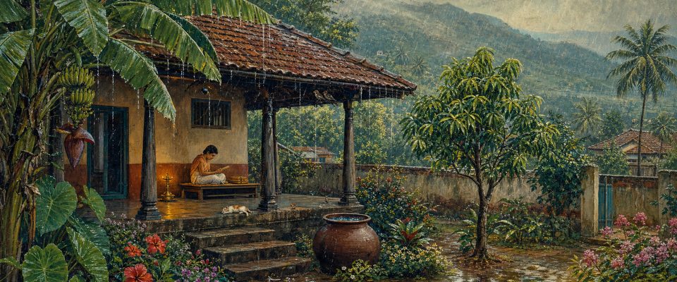 A reader sits under the tiled veranda of a village house during monsoon rain, holding a single palm leaf, while rain falls on the wet garden and a clay pot.