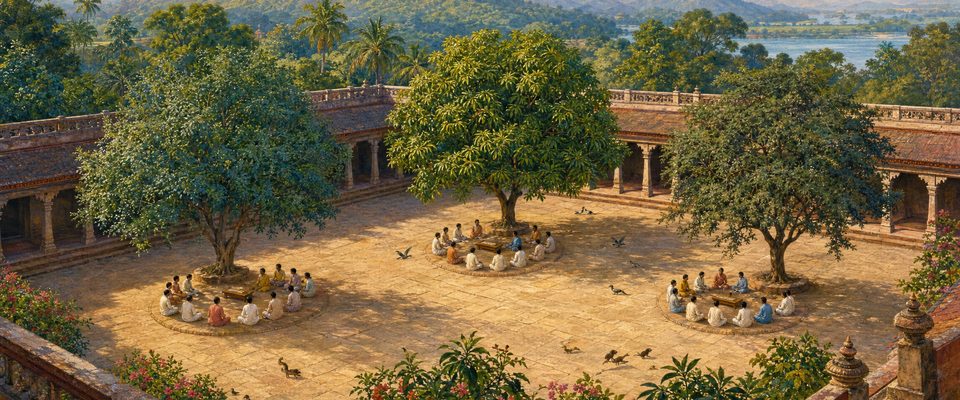 A monastery courtyard seen from above, where three separate circles of students sit in the shade of three trees, each around its own manuscript on a low stand.