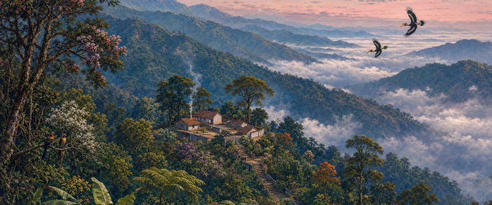 A small tile-roofed retreat on a forested mountain spur at first light, with stone steps into the trees, clouds filling the valleys below and two hornbills in flight.