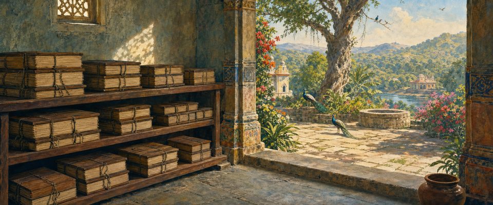 Tied palm-leaf manuscripts stand in ordered rows on wooden shelves in a stone library room, lit through a carved lattice window, beside an arched opening onto a courtyard with a great tree, a stone well, peacocks and wooded hills.