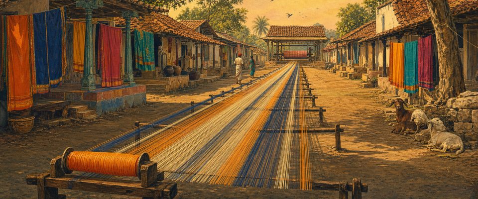 Long saffron, indigo and cream threads stretched down a village lane from a spool in the foreground to a loom at the far end, with dyed cloths drying beside the houses.