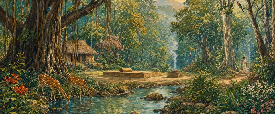 A forest clearing in early light beneath banyan and sal trees: two spotted deer drink from a stream, an empty earthen platform holds a rolled grass mat beside a small fire altar with rising smoke, a thatched hut stands among the trees, and a lone figure walks away along a path carrying a water pot.
