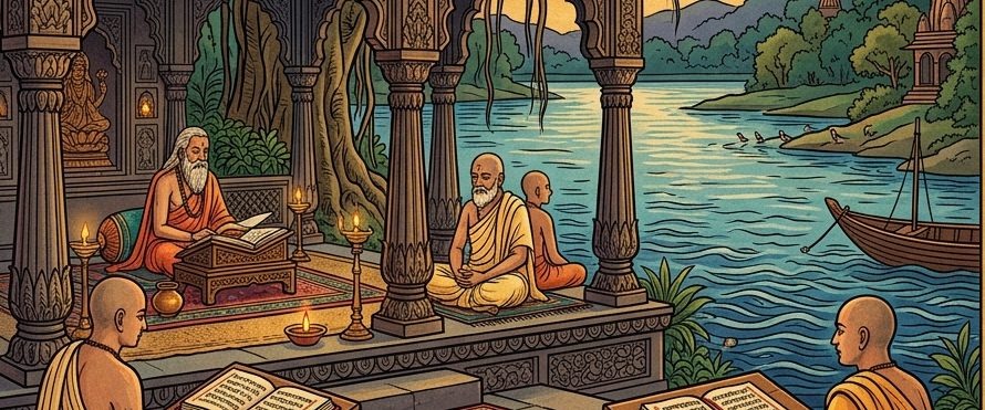 A carved riverside pavilion at dusk where an elder reads from a manuscript and a teacher sits with a student, while two students study open books outside; a boat on the river beyond.