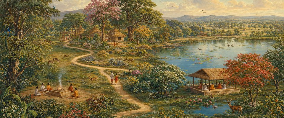 A wide, peaceful landscape joined by one winding footpath: in a clearing a small group sits around a fire altar with rising smoke, thatched huts stand among great trees, and beside a lotus lake a few people sit quietly in an open pavilion, with deer grazing and low hills beyond.