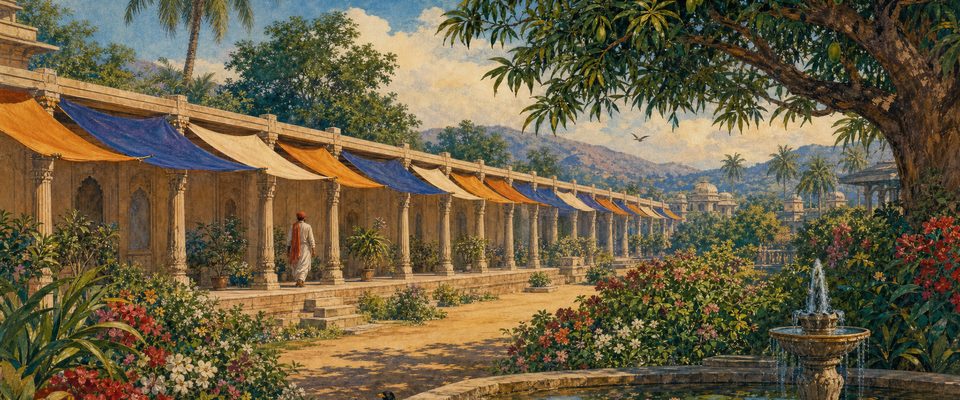 A long pillared walkway beside a garden courtyard, shaded by saffron, indigo and cream cloth awnings that span different stretches of the same evenly spaced pillars; one person walks along it, and a mango tree, flowering shrubs, a small fountain and two mynas fill the foreground.