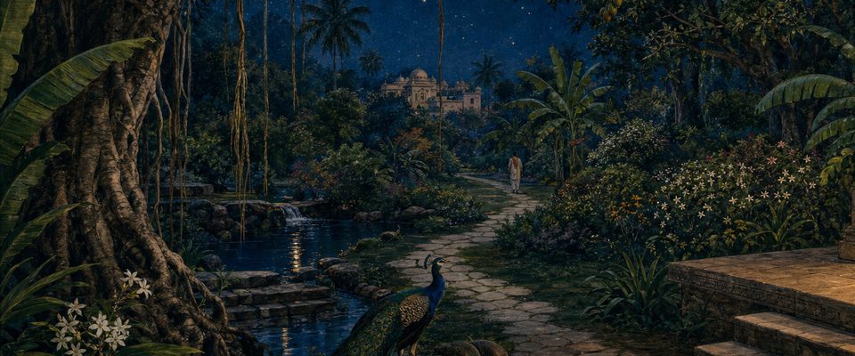 A garden at night under a starry sky: great banyan roots beside a small stream with stone steps, a peacock on a winding stone path, a lone figure walking away toward a distant domed palace, and flowering shrubs in the dark.